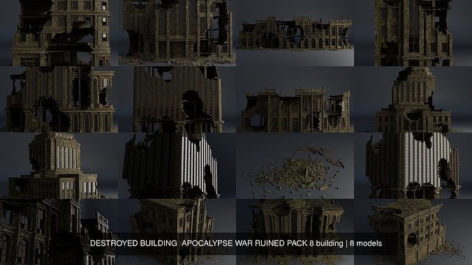 DESTROYED BUILDING  APOCALYPSE WAR RUINED PACK 8 building 3D Model Collection