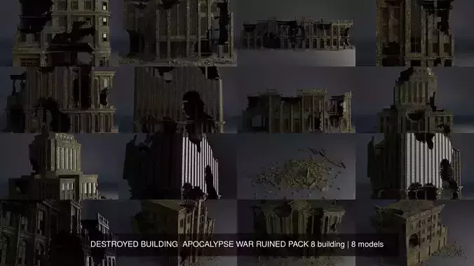 DESTROYED BUILDING  APOCALYPSE WAR RUINED PACK 8 building 3D Model Collection