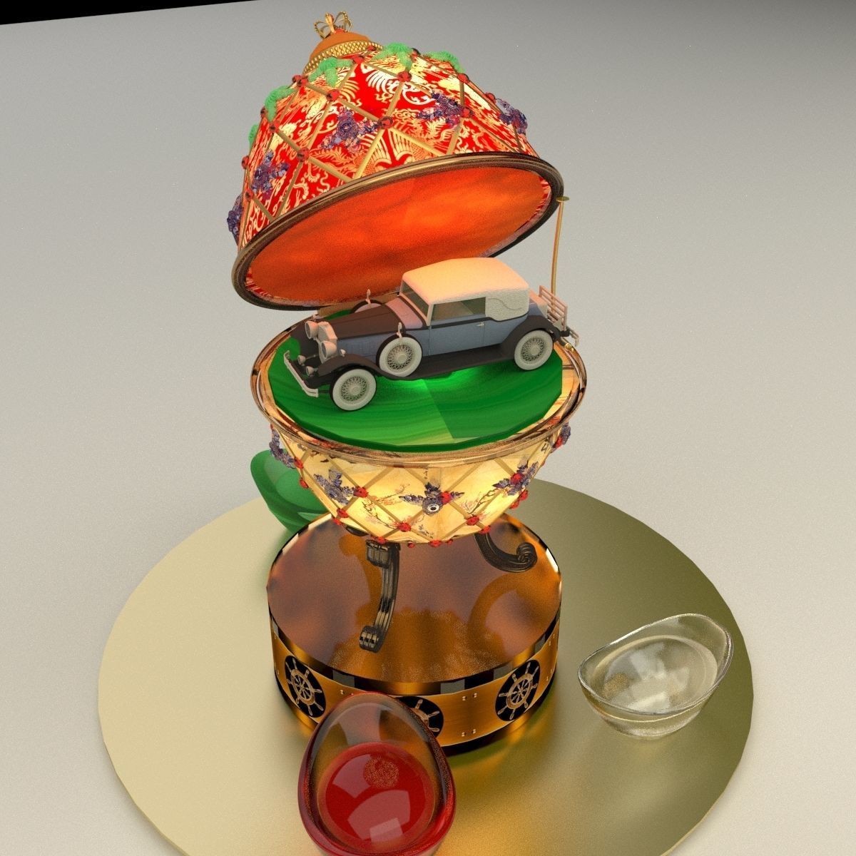 Chinese gold ingot with egg and antique car 3D model_4