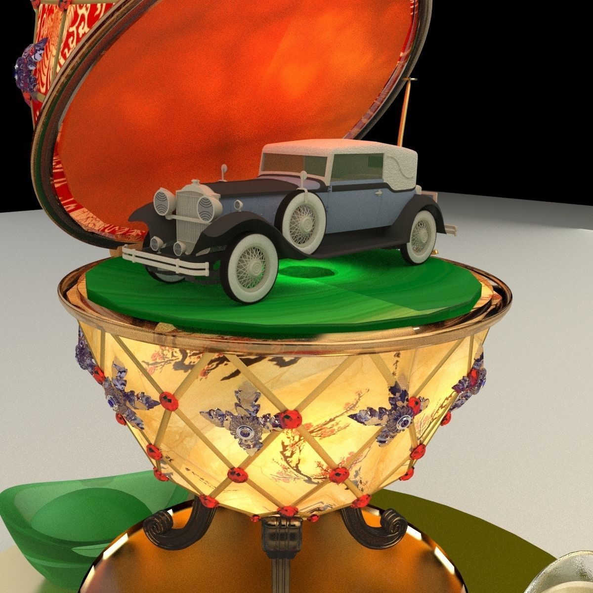 Chinese gold ingot with egg and antique car 3D model_3