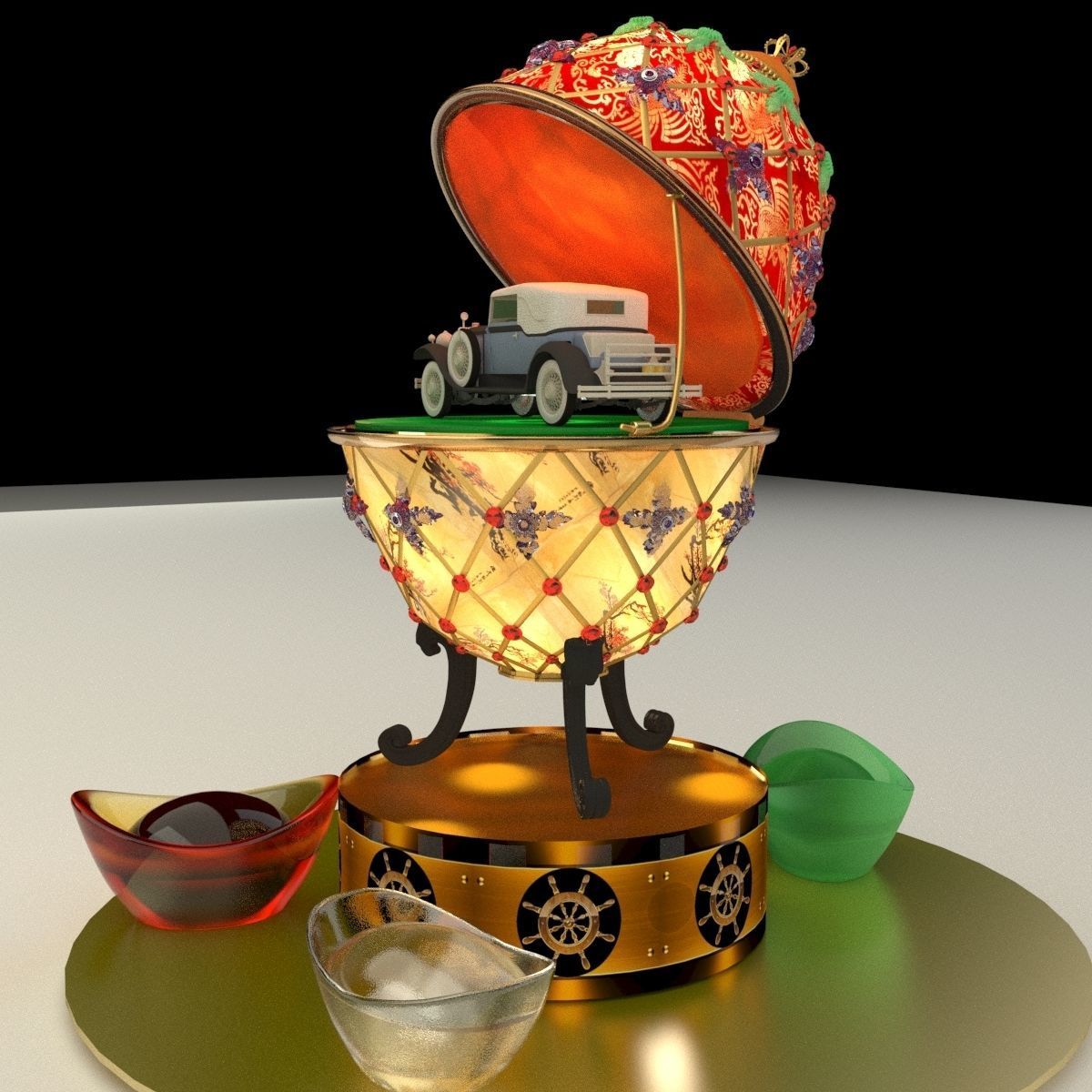 Chinese gold ingot with egg and antique car 3D model_1