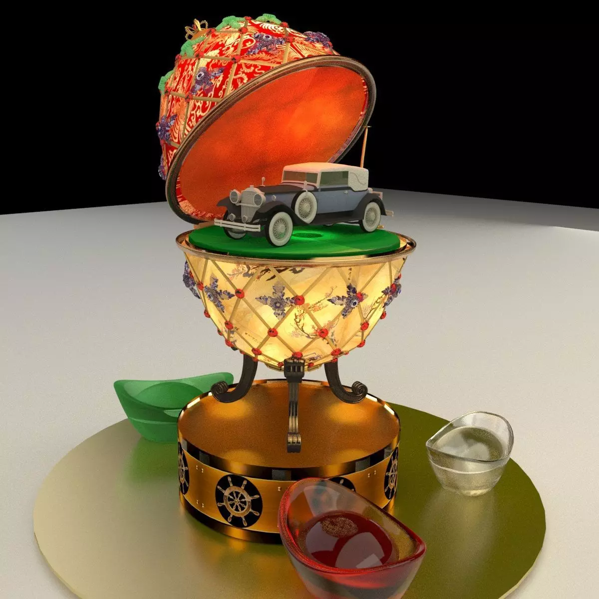 Chinese gold ingot with egg and antique car 3D model_0