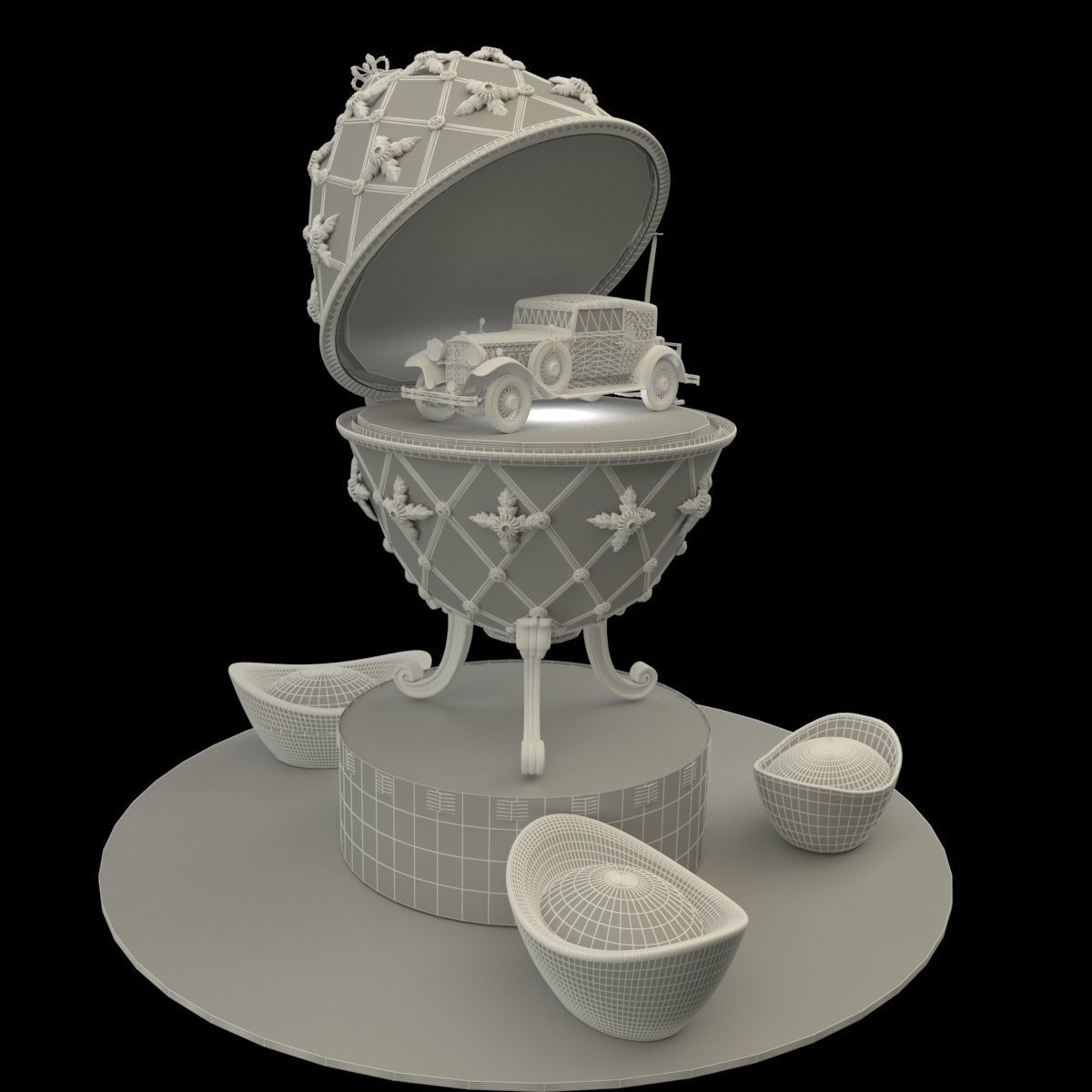 Chinese gold ingot with egg and antique car 3D model_6