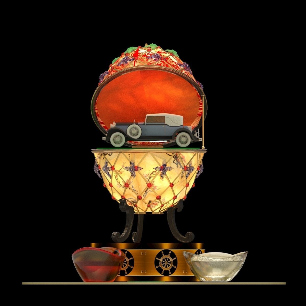 Chinese gold ingot with egg and antique car 3D model_2