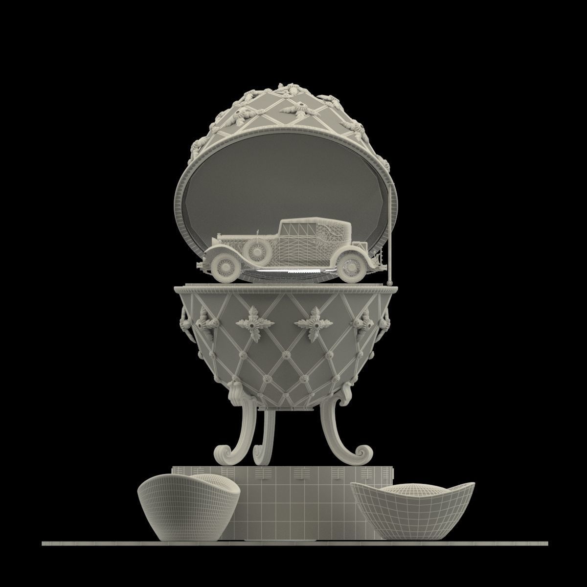 Chinese gold ingot with egg and antique car 3D model_5