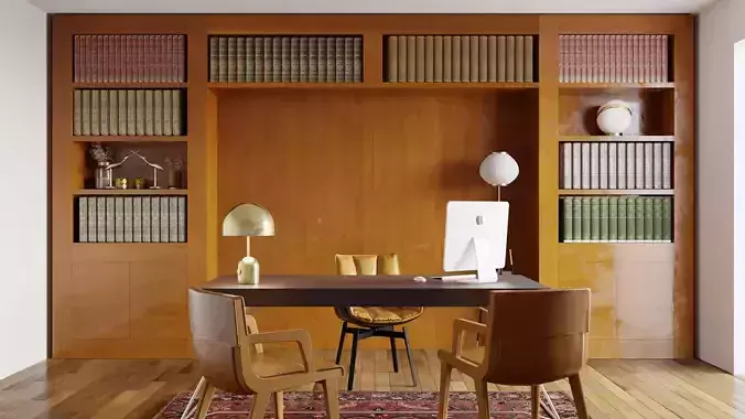 Office 3d model with desk and bookshelves