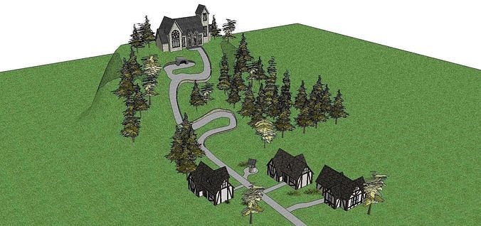 Nobility-History-Castle-Villa-055 castle with trees and path 3D model