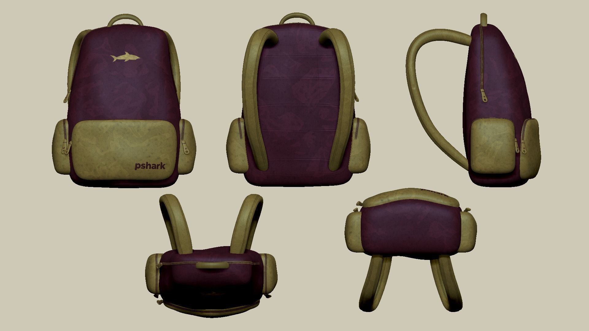 Wine Color Backpack - Character Costume Free low-poly 3D model_8