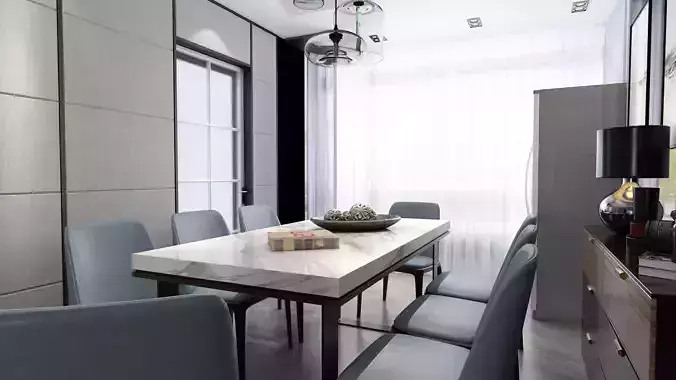 DINING room with marble table and chairs