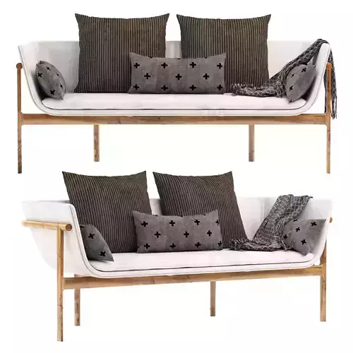 Tailor wooden frame sofa with pillows and blanket 3D model