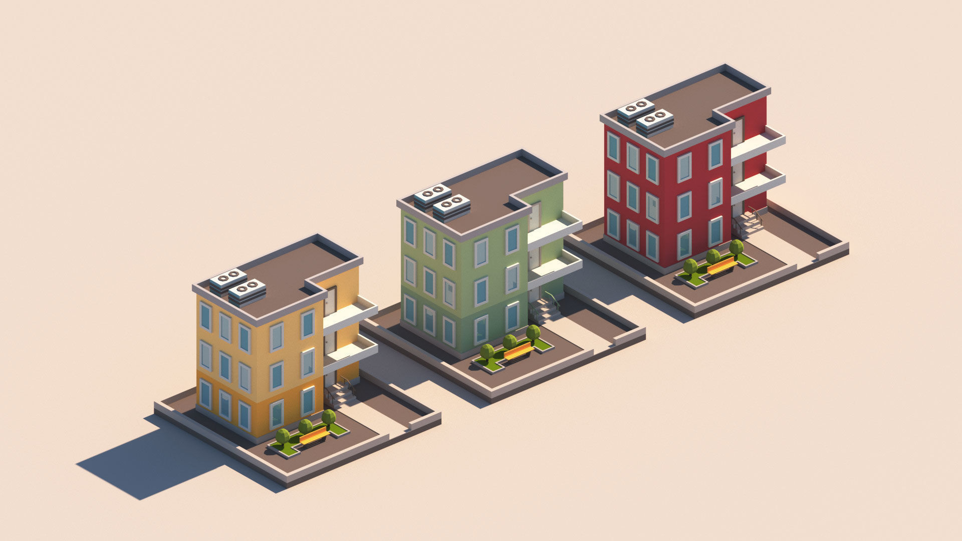 Cartoon Apartment Buildings Package Low-poly 3D model_10