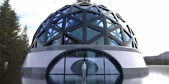 Geodesic Dome Structure Wireframe with Glass and Base Entry 3D model