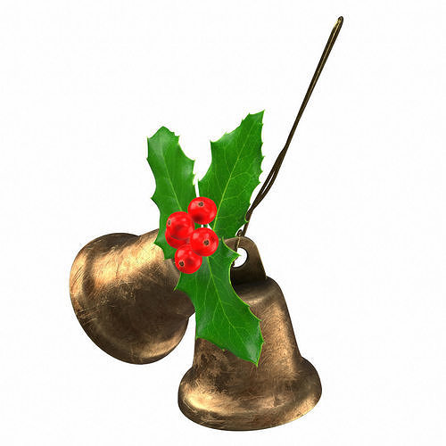 Holly berries with vintage christmas brass bells PBR 3D model 3D model 2