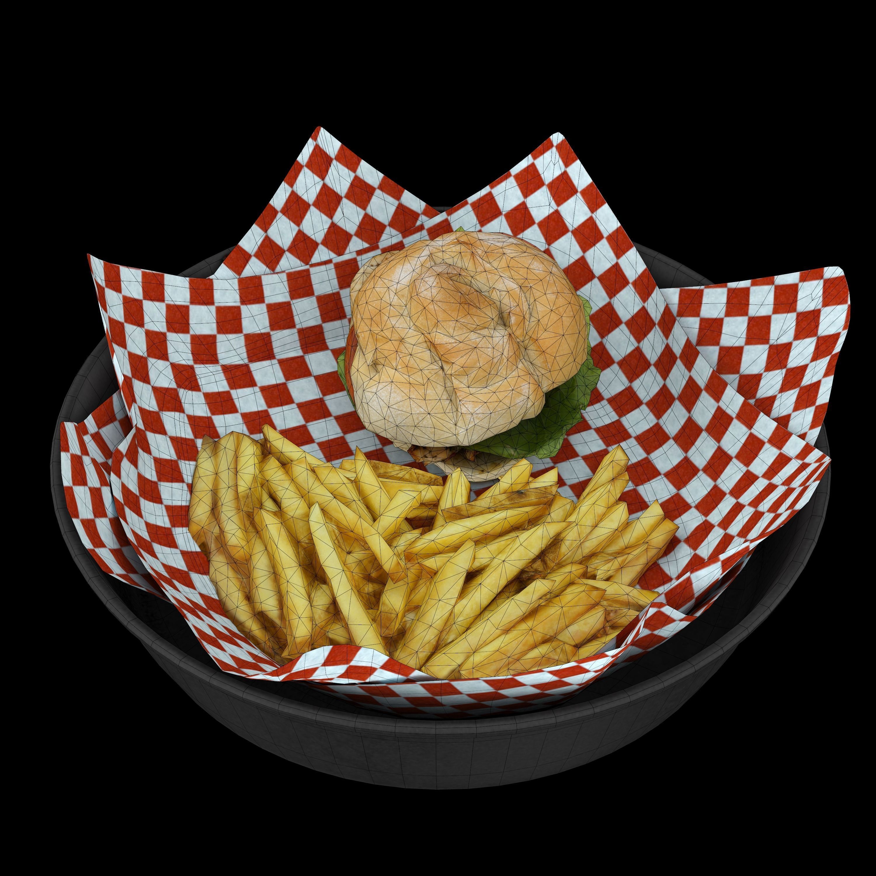 burger-with-fries low-poly 3D model burger and fries in bowl Low-poly 3D model_3