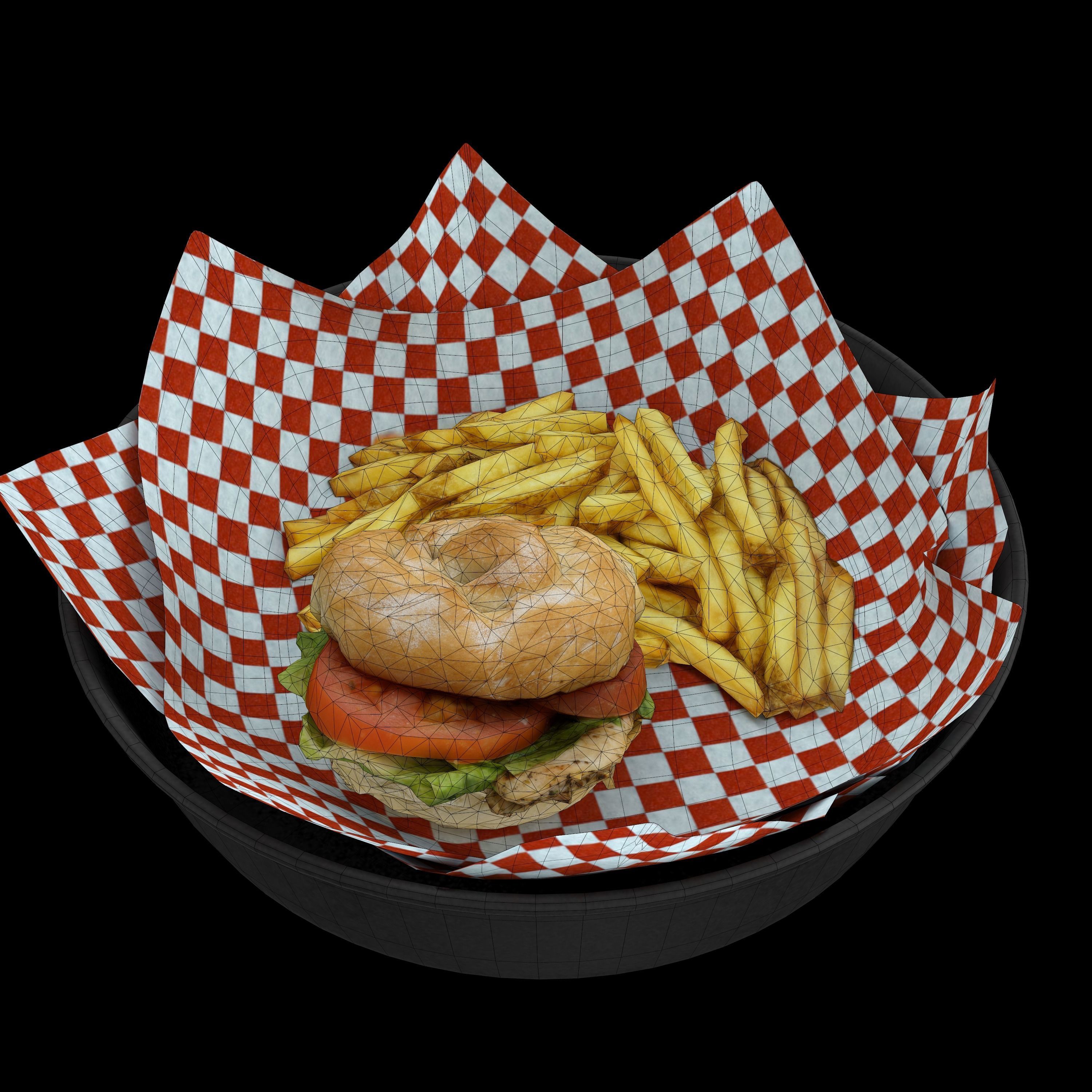 burger-with-fries low-poly 3D model burger and fries in bowl Low-poly 3D model_5