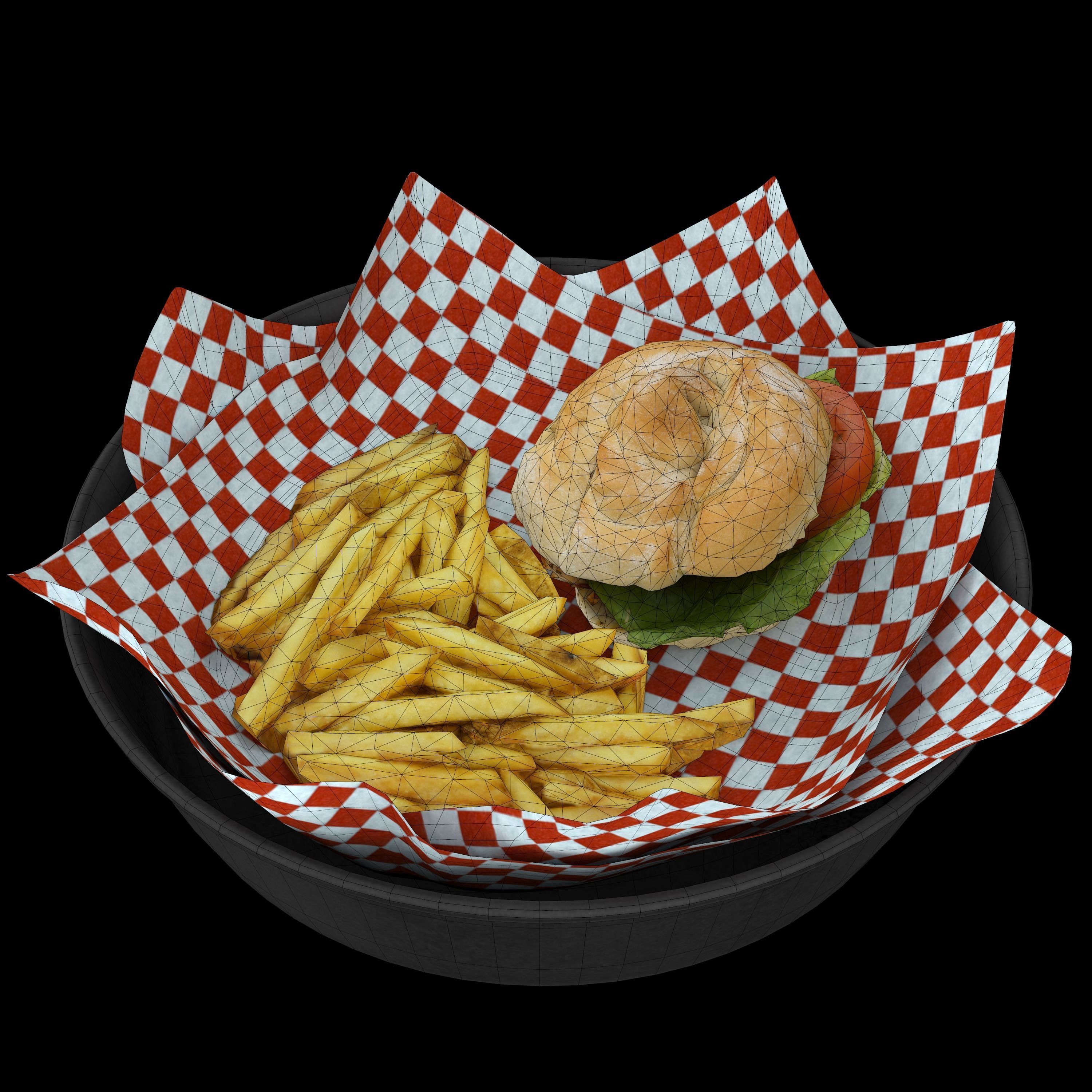 burger-with-fries low-poly 3D model burger and fries in bowl Low-poly 3D model_2