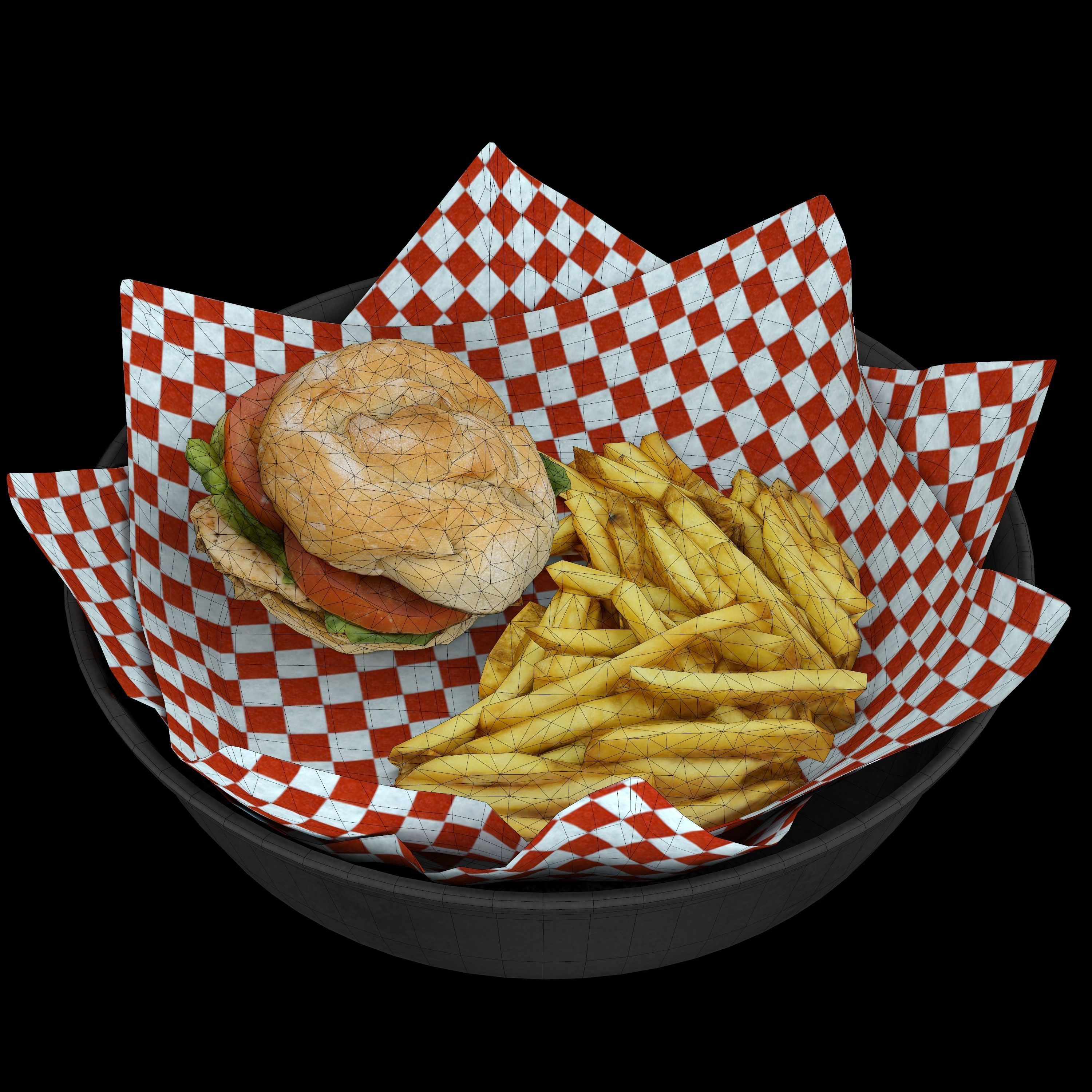 burger-with-fries low-poly 3D model burger and fries in bowl Low-poly 3D model_4