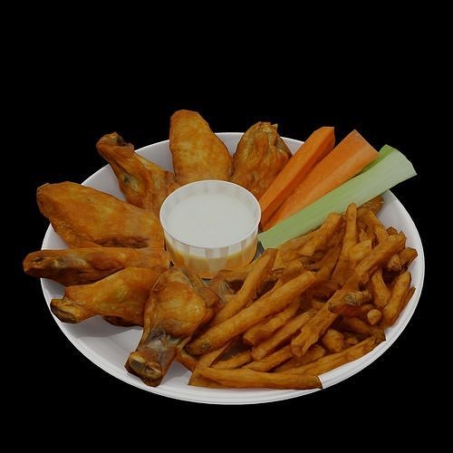 Traditional breaded wings with fries and cheese souse Low-poly 3D model 5