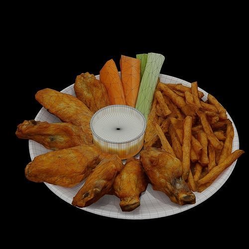 Traditional breaded wings with fries and cheese souse Low-poly 3D model 7