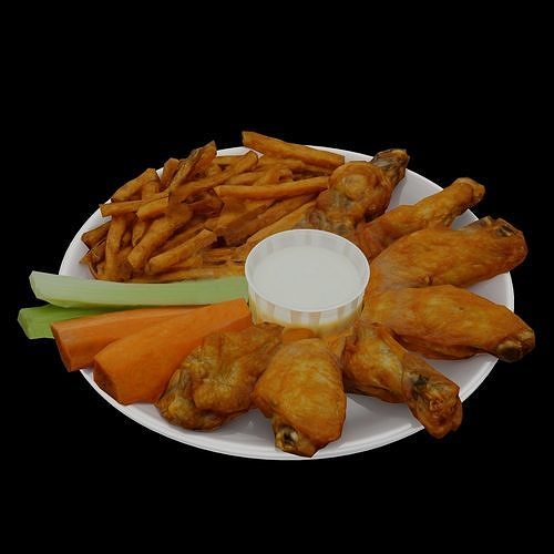 Traditional breaded wings with fries and cheese souse Low-poly 3D model