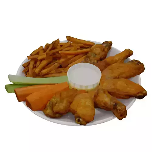 Traditional breaded wings with fries and cheese souse Low-poly 3D model