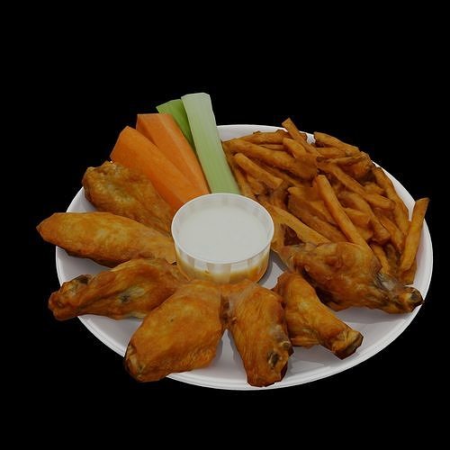 Traditional breaded wings with fries and cheese souse Low-poly 3D model 3
