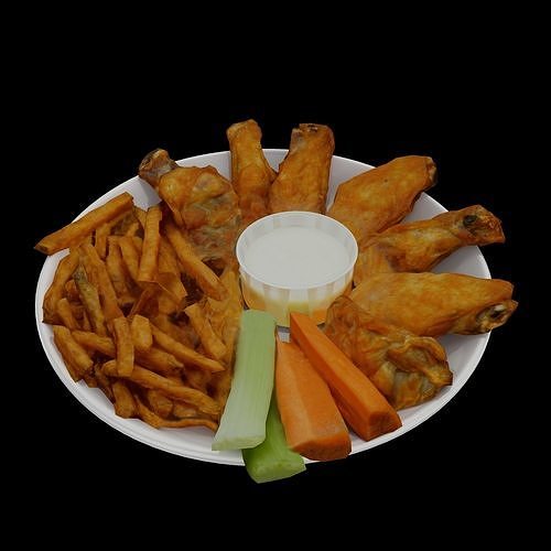 Traditional breaded wings with fries and cheese souse Low-poly 3D model 2