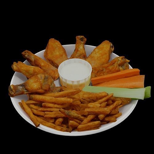 Traditional breaded wings with fries and cheese souse Low-poly 3D model 4