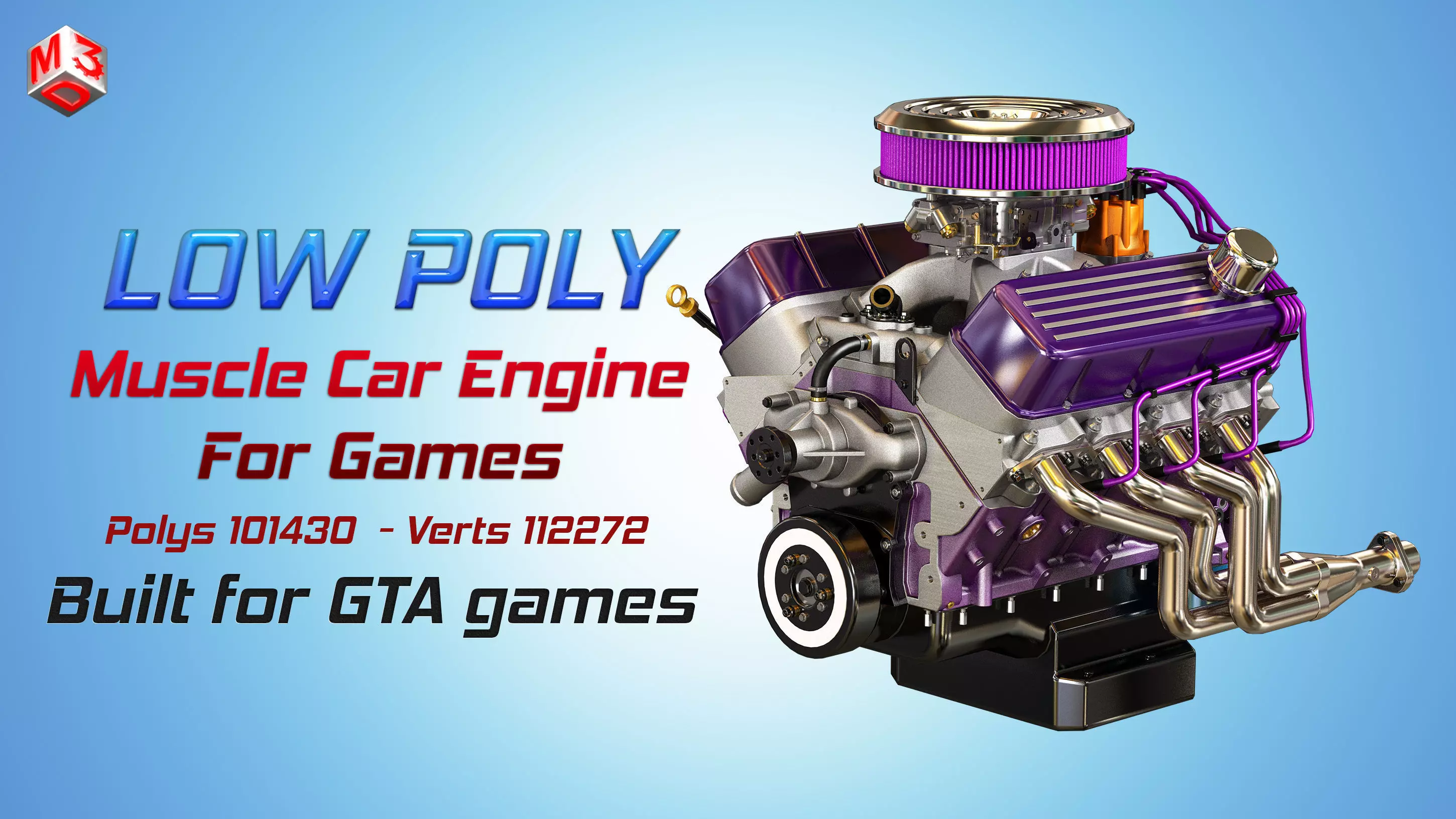 Muscle Car Engine - V8 Muscle Engine Four Low-poly 3D model_0