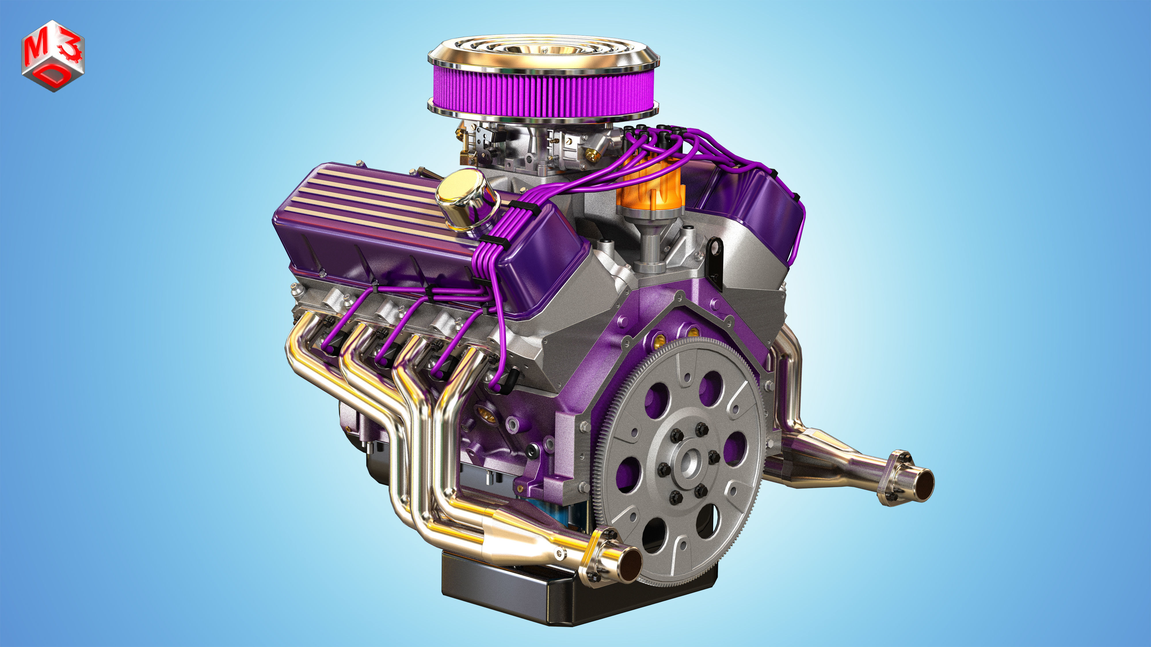 Muscle Car Engine - V8 Muscle Engine Four Low-poly 3D model_5