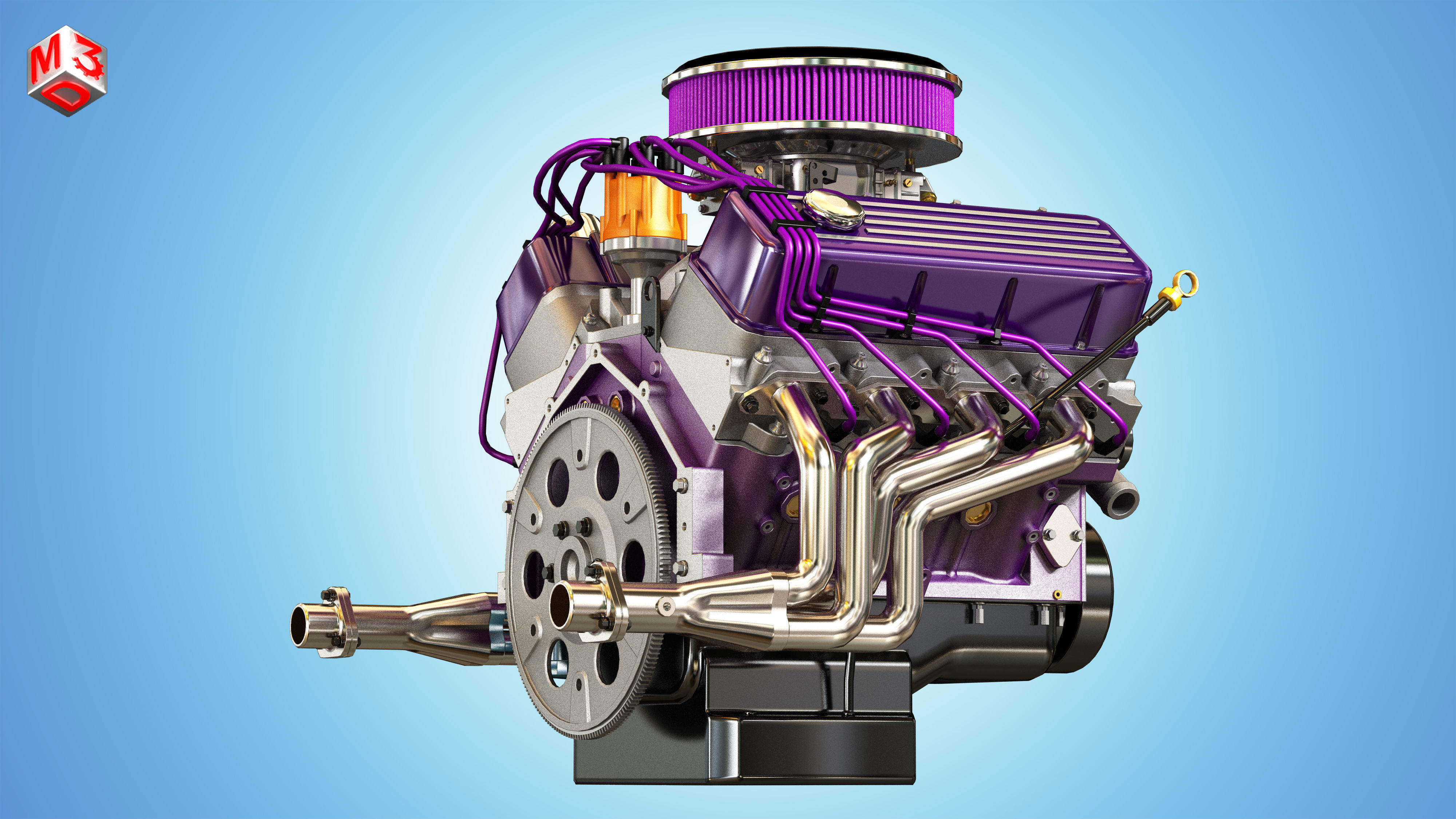 Muscle Car Engine - V8 Muscle Engine Four Low-poly 3D model_9