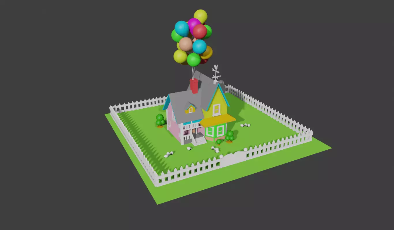 HOUSE with balloons and fence 3D model_0