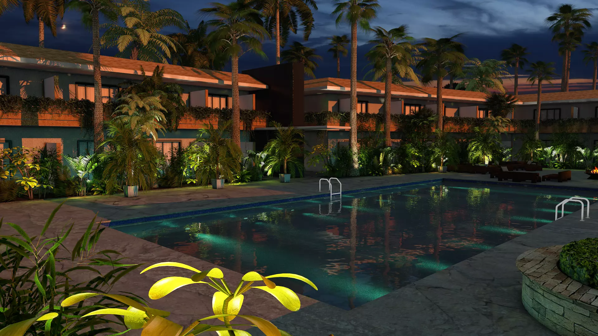 Hotel Pool Courtyard 3D model_0