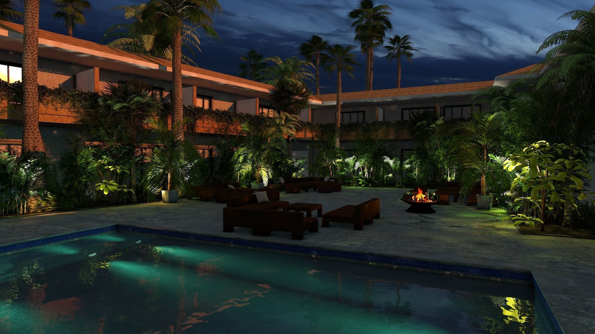 Hotel Pool Courtyard 3D model_2