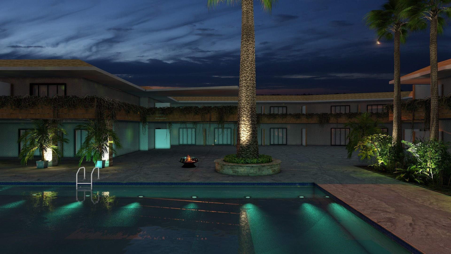 Hotel Pool Courtyard 3D model_3