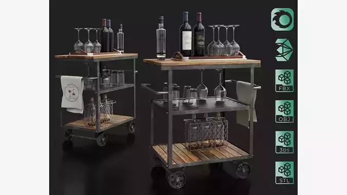 Industrial Loft Bar Trolley with bottles and accessories 3D model