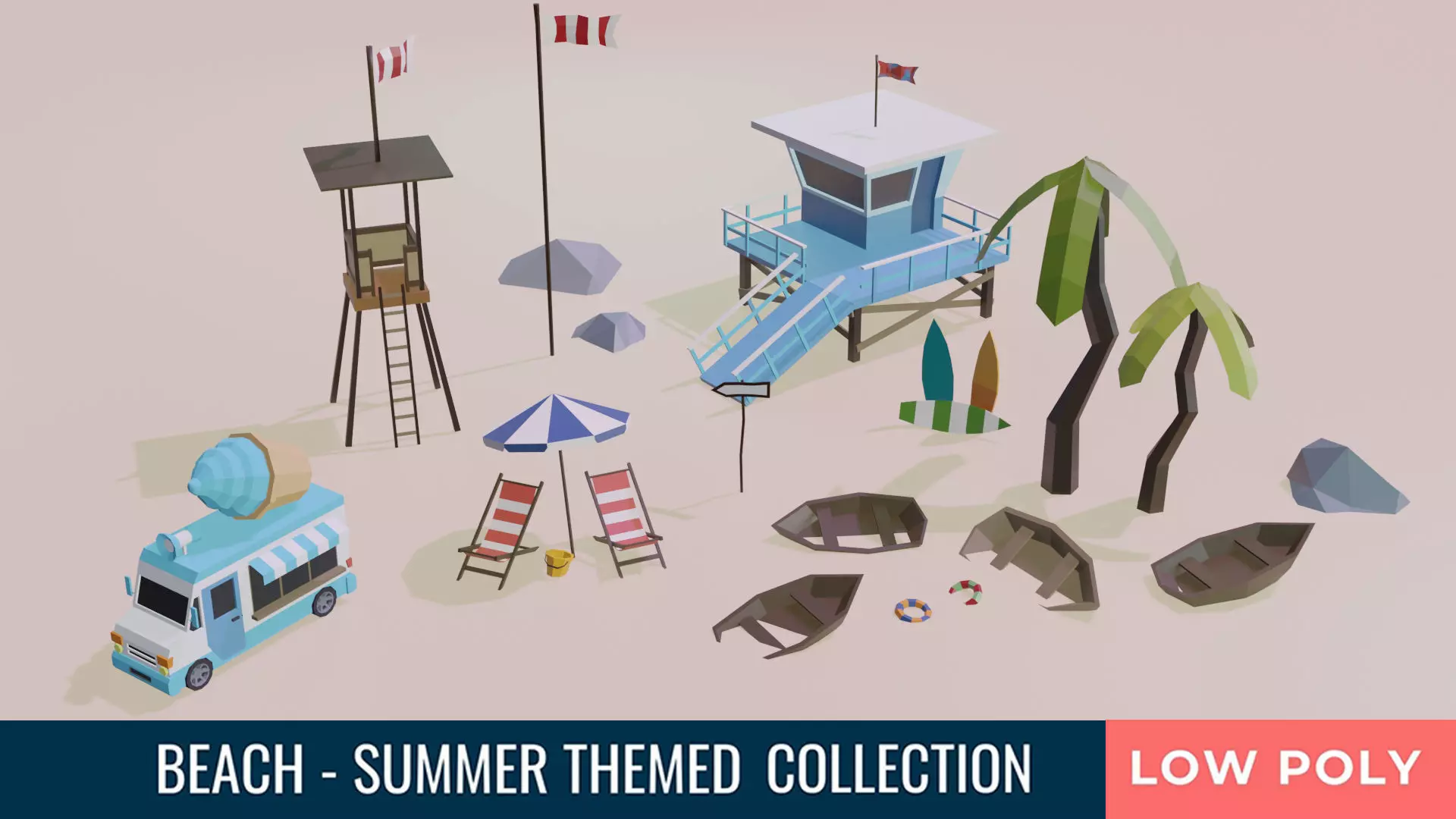 Beach and Summer themed LOW POLY Collection Low-poly 3D model_0