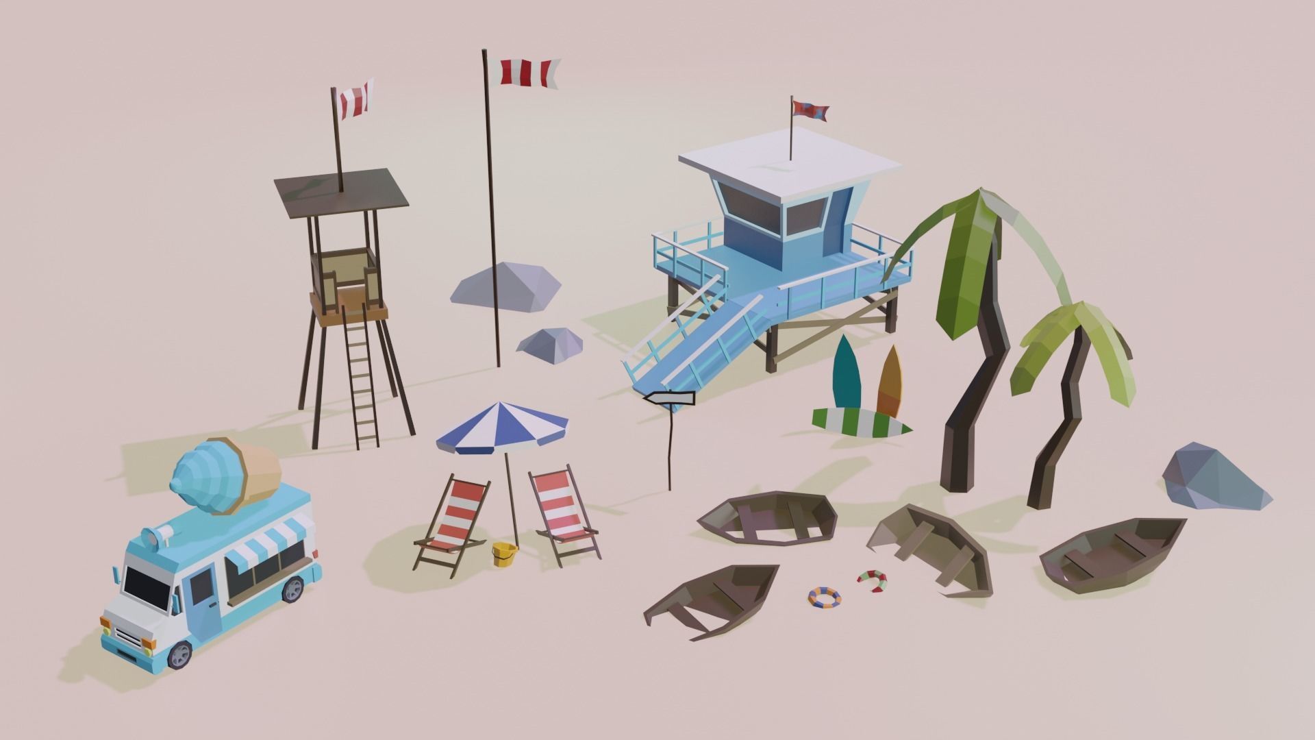 Beach and Summer themed LOW POLY Collection Low-poly 3D model_2