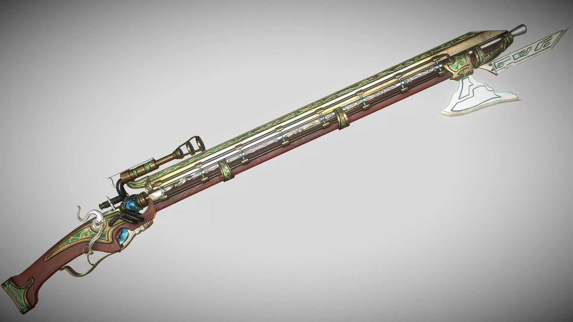 Steampunk Coil  Axe-Musket Low-poly 3D model_0