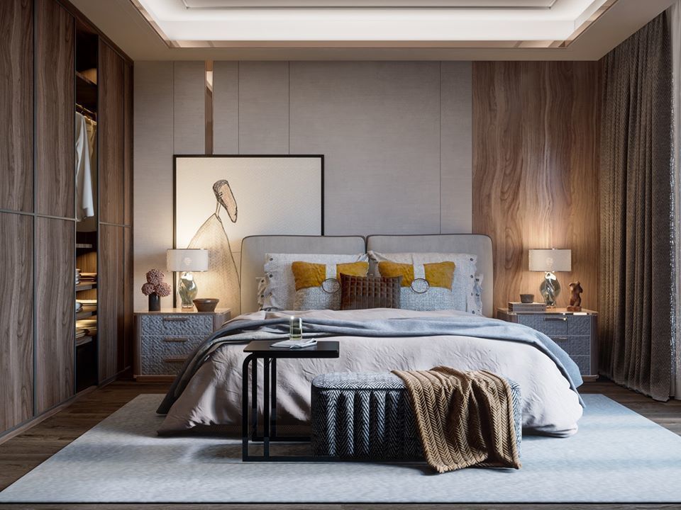 Bedroom with bed and nightstand 3D model_1