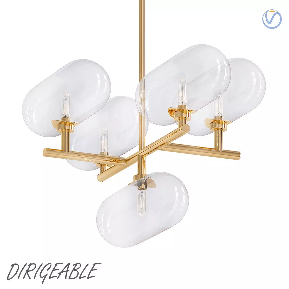 DIRIGEABLE gold chandelier with four clear glass globes 3D model