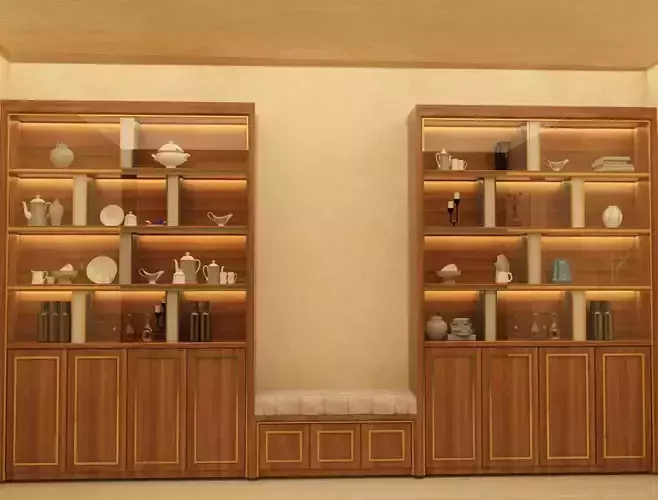 RACKS living room with wooden furniture and glass shelves 3D model