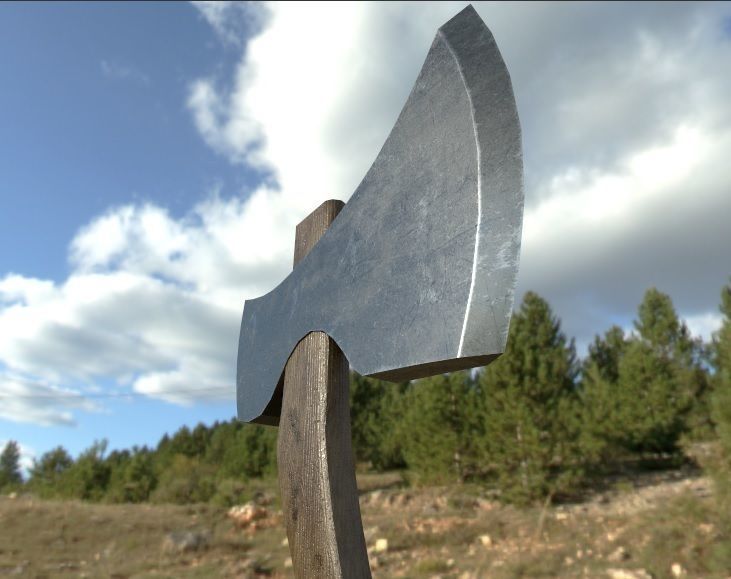 3D Ax Model axe in middle of field Low-poly 3D model_1