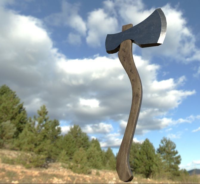 3D Ax Model axe in middle of field Low-poly 3D model_2
