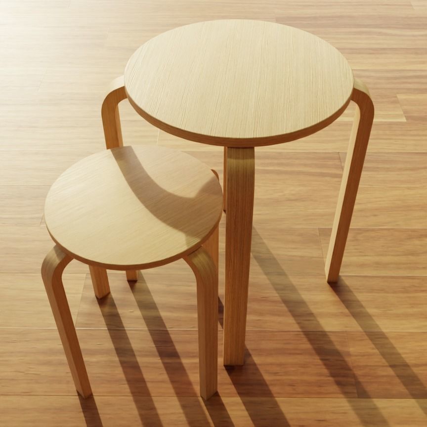 Wooden IKEA Stools Set of 2 Low-poly 3D model_3