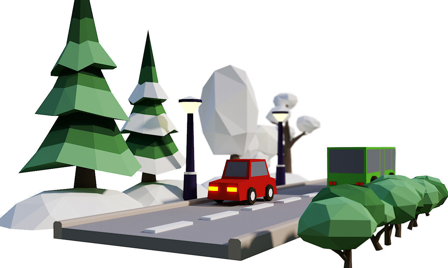 Street Set Lowpoly 3d model bus driving on road with trees Low-poly 3D model_3