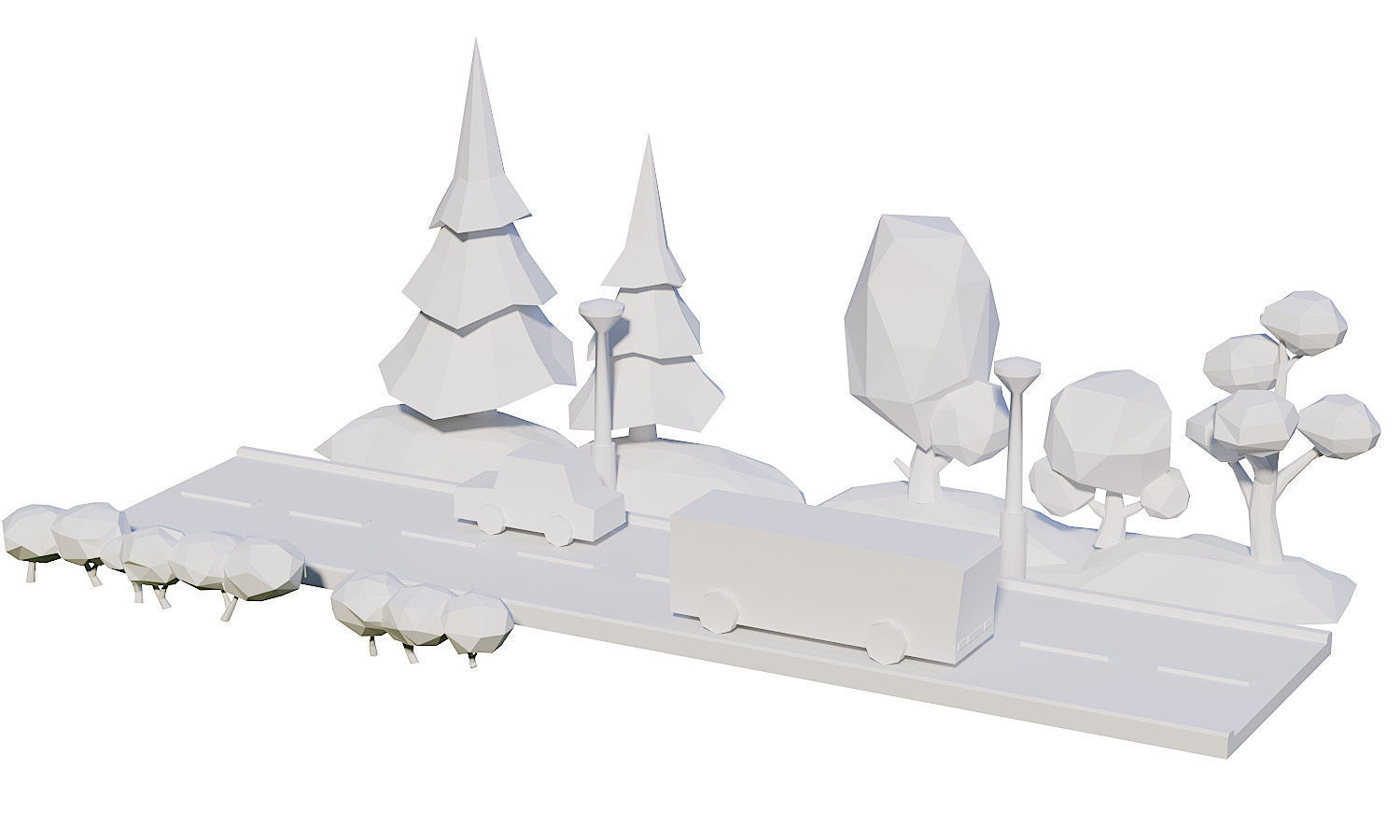 Street Set Lowpoly 3d model bus driving on road with trees Low-poly 3D model_7