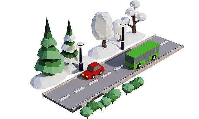 Street Set Lowpoly 3d model bus driving on road with trees Low-poly 3D model