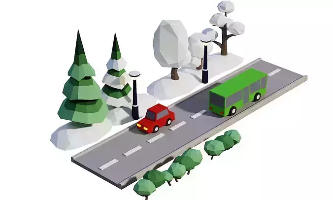 Street Set Lowpoly 3d model bus driving on road with trees Low-poly 3D model