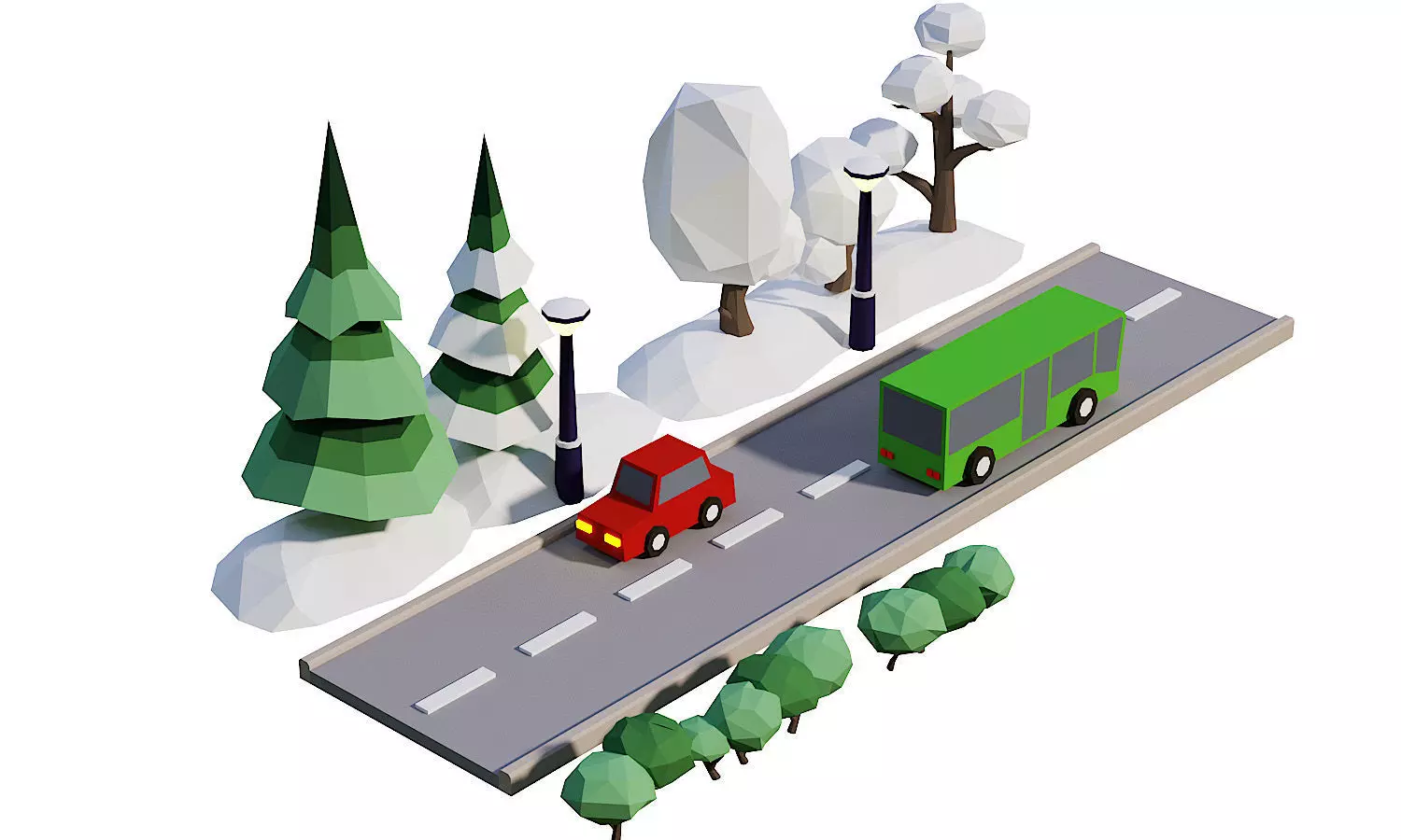 Street Set Lowpoly 3d model bus driving on road with trees Low-poly 3D model_0